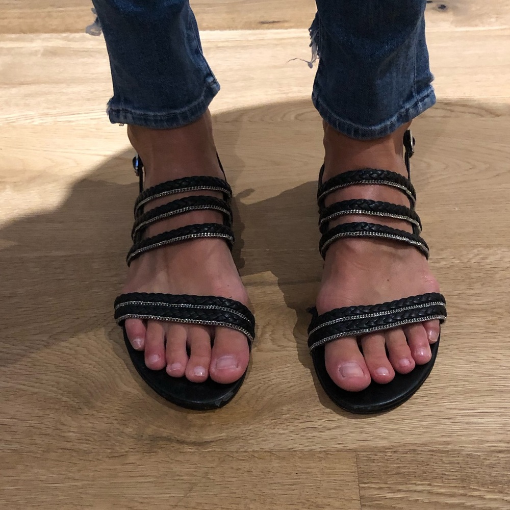 Stuart Weitzman Black Leather Flat Sandals - Sz. 8